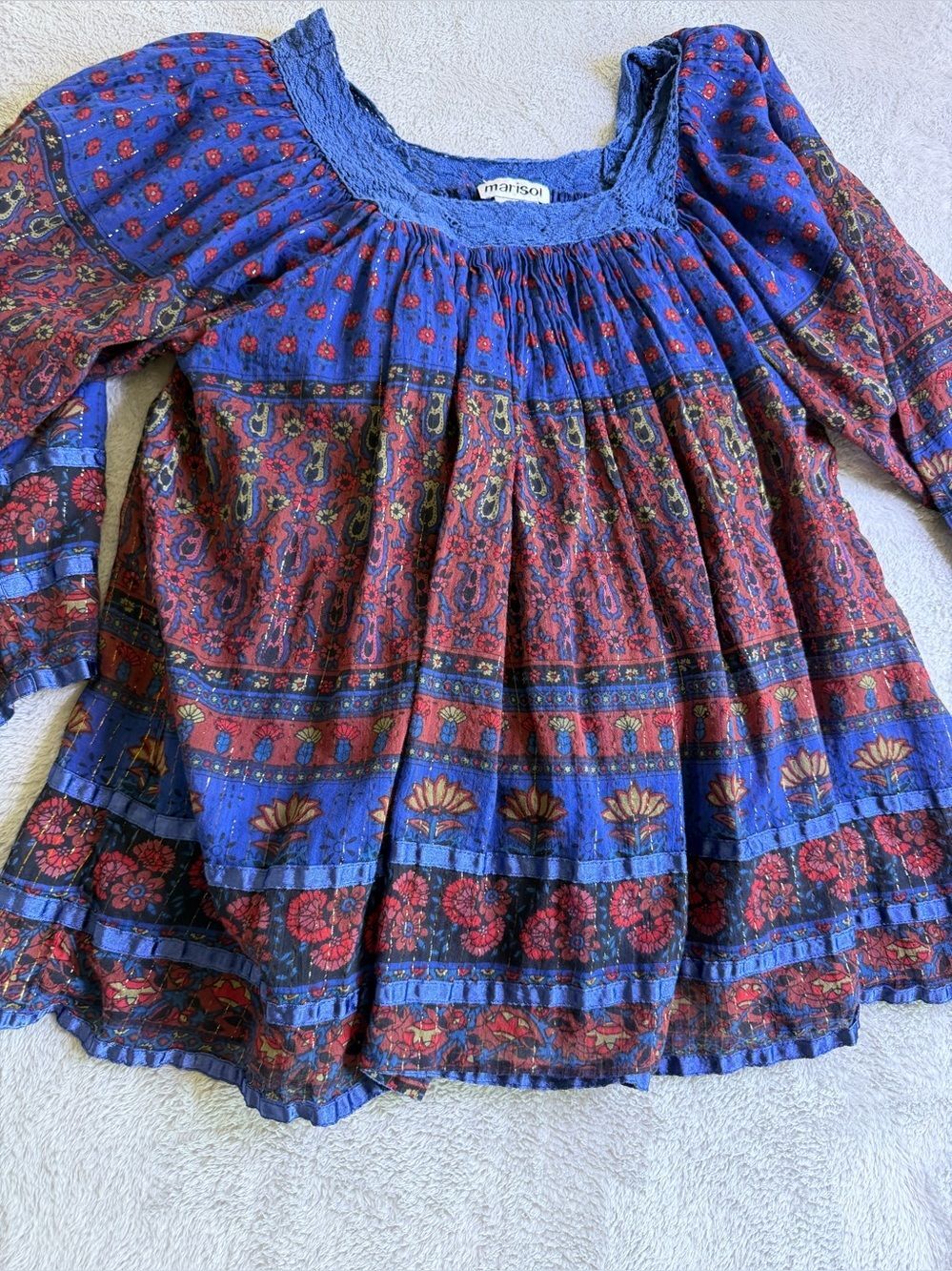Marisol Blue & Red Boho Peasant Top XL
